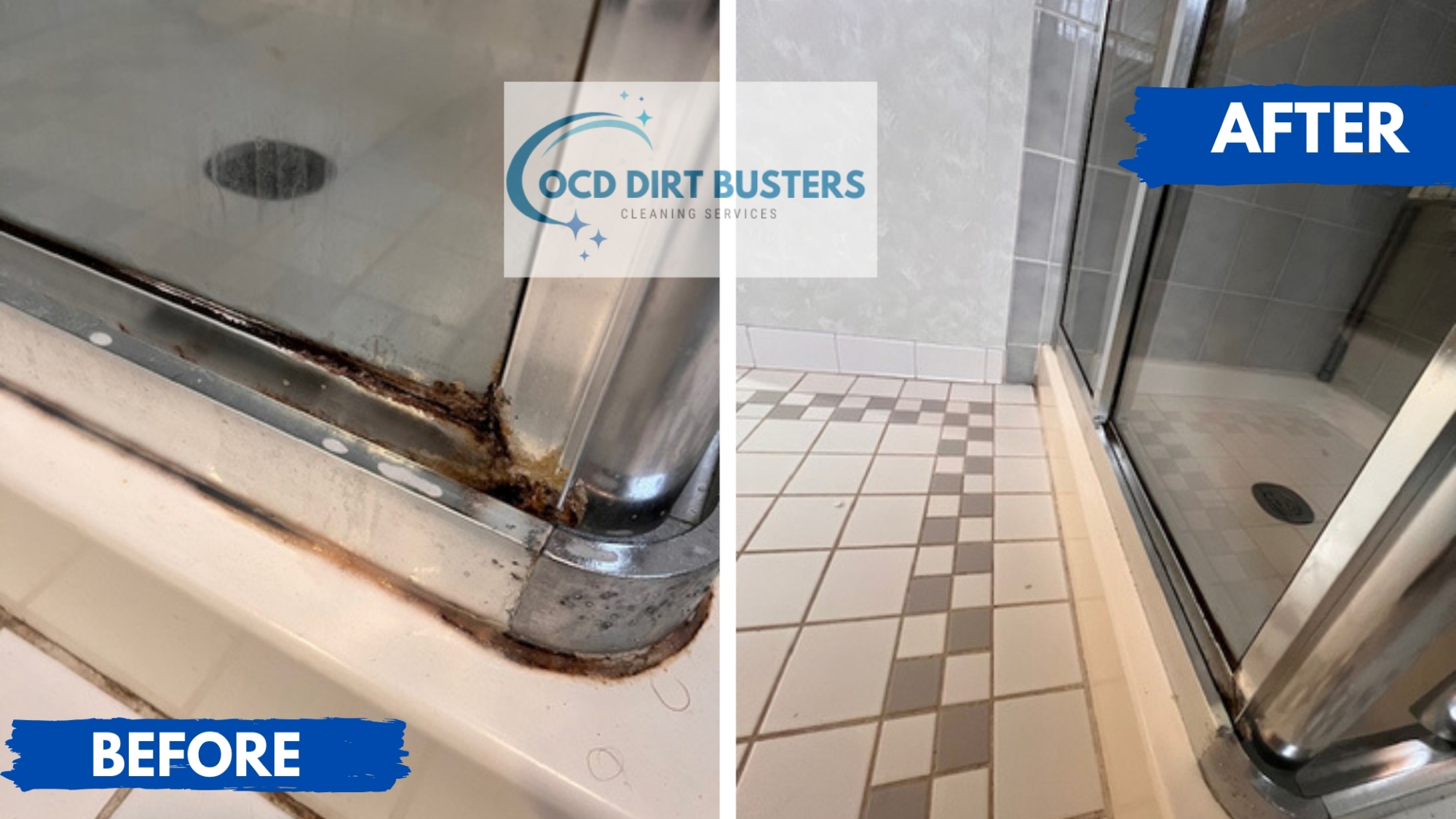 Before and after shower cleaning removing heavy grime buildup during a move out cleaning in Goshen NY