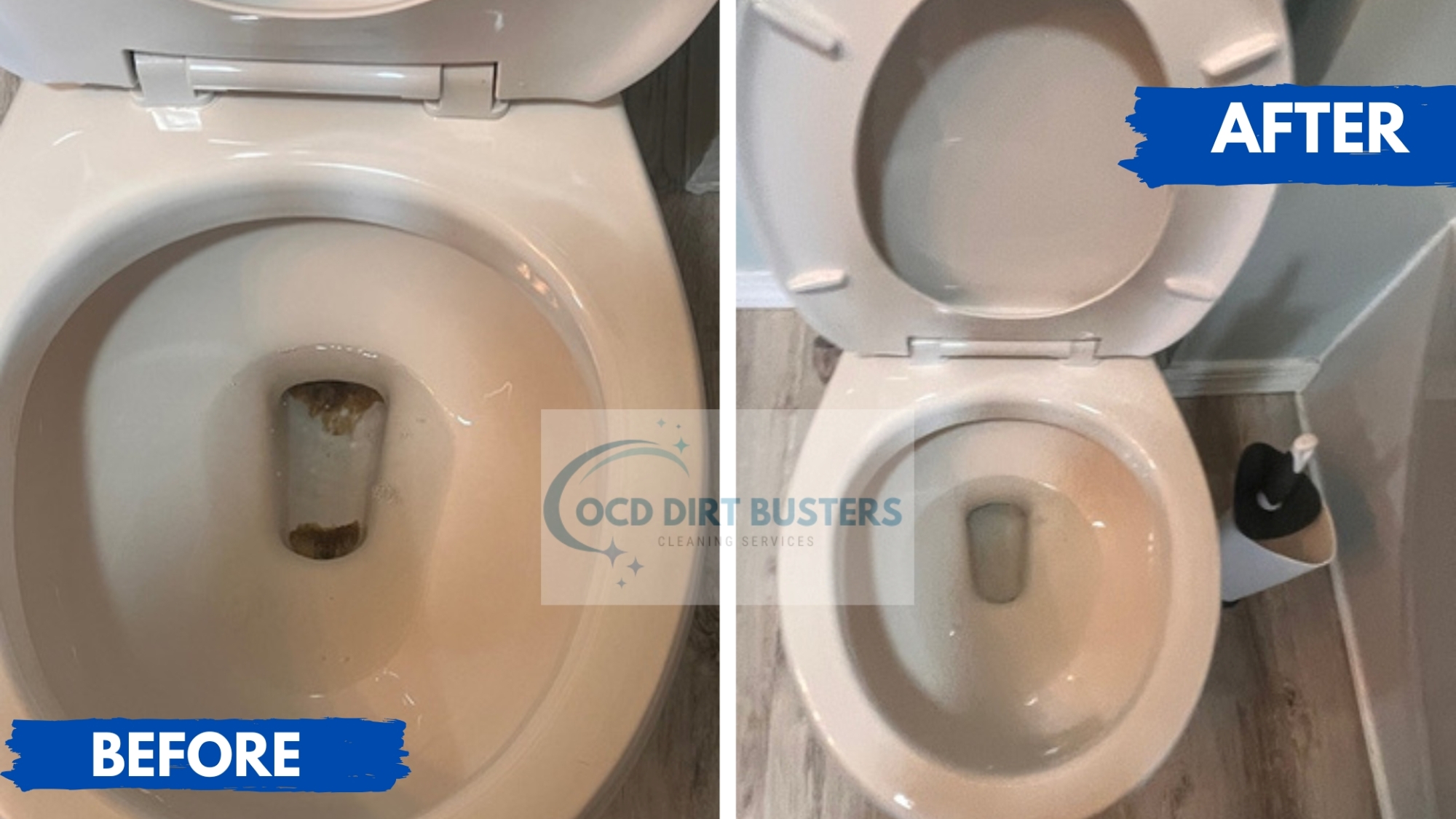 Before and after toilet cleaning removing hard water stains during a residential cleaning in Westtown NY