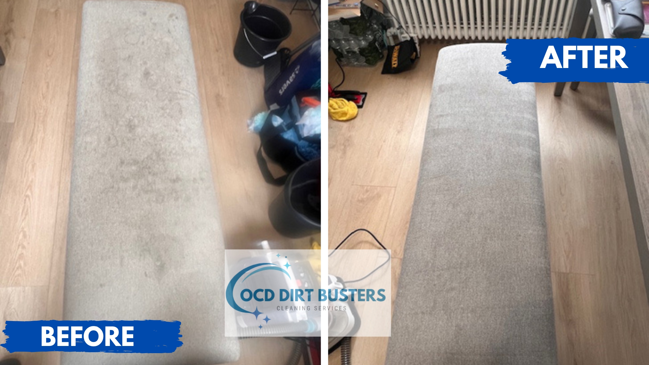 Before and after upholstery cleaning removing food stains from a dining bench during a residential cleaning in Goshen NY