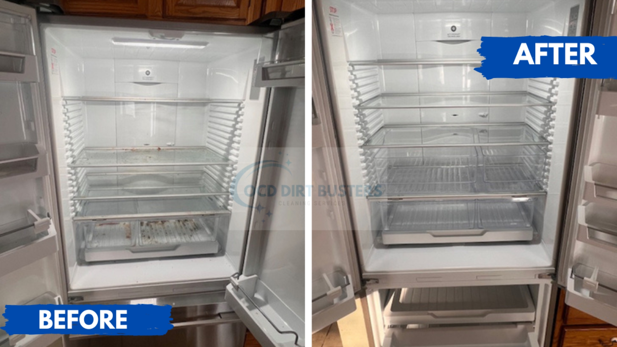 Before and after refrigerator cleaning in Goshen NY move-out cleaning removing buildup from a vacant home.