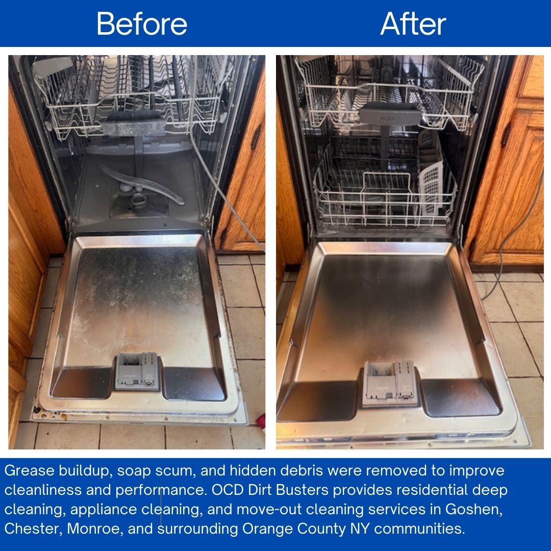 Before and after dishwasher deep cleaning removing grease and buildup in Goshen NY by OCD Dirt Busters