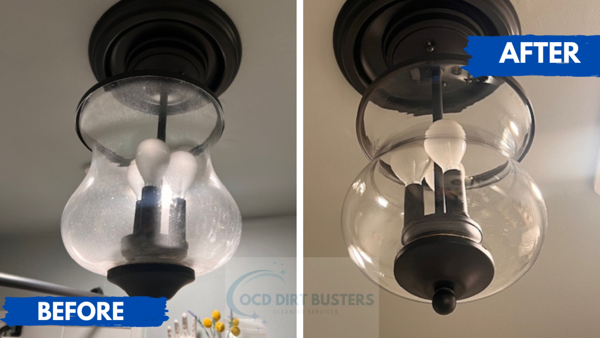 Before and after light fixture cleaning in Westtown NY removing dust buildup and restoring shine.