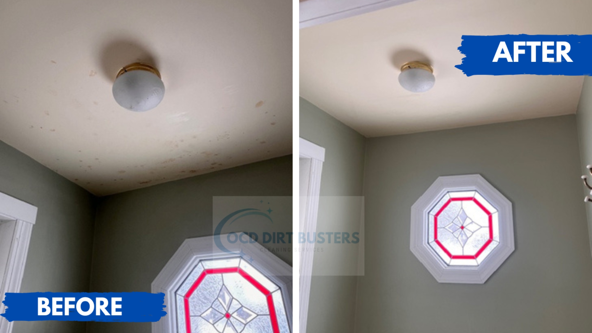 Before and after ceiling and wall cleaning removing mold spots and stains during a move out deep cleaning in Goshen NY