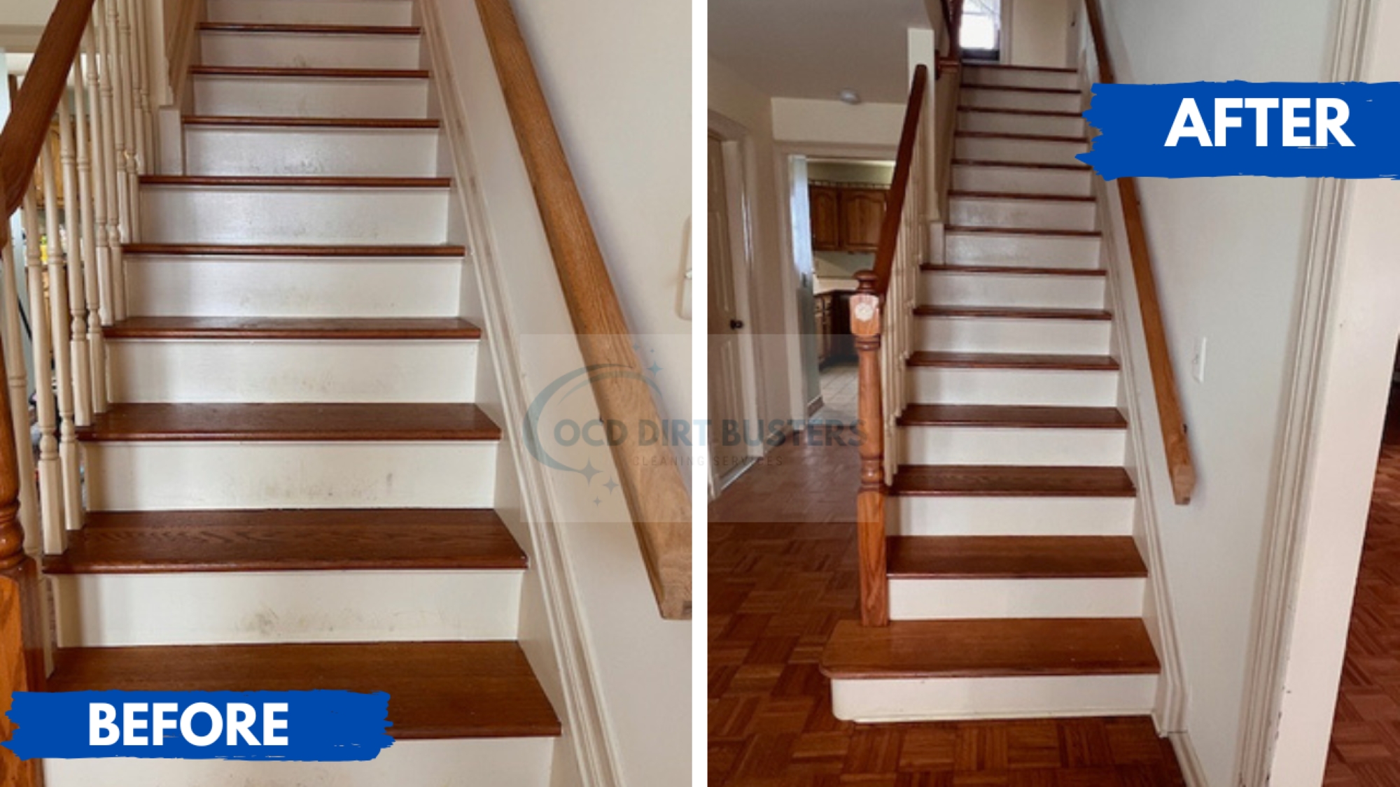 Before and after staircase cleaning during a move out cleaning for a home sale in Goshen NY