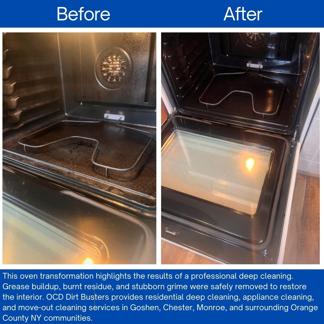 Before and after oven deep cleaning removing grease and burnt residue in Goshen NY by OCD Dirt Busters