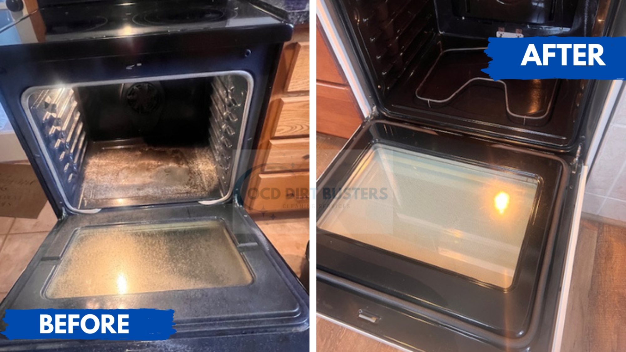 Before and after oven deep cleaning removing heavy grease and buildup in a residential cleaning in Goshen NY