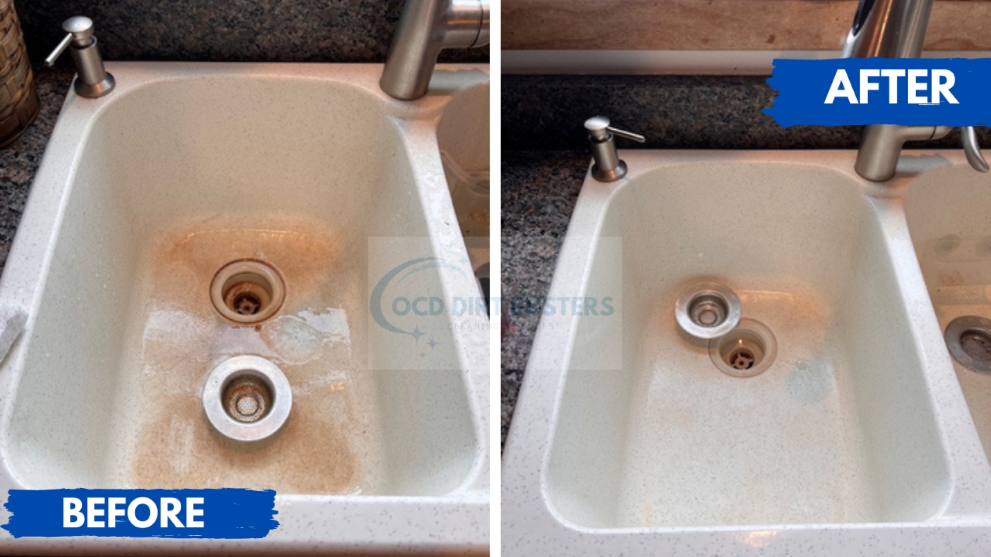 Before and after sink cleaning removing heavy buildup during a residential deep cleaning in Monroe NY